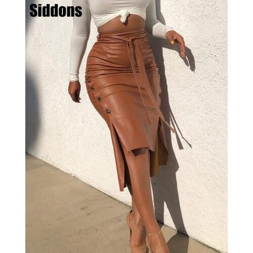 Women Bandage PU Sheath Fit Chic Midi Skirt Casual Buttoned Slit Faux Leather Party Midi Skirt Casual Bodycon Split Midi Skirt