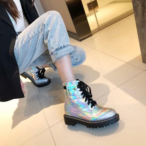 2021 New Pocket Motorcycle Boots Women Platform Shoes Lace Up Thick-soled Black boots winter Shoes Woman Half Botas Mujer