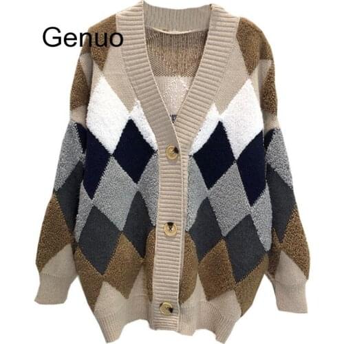 Womens Sweaters Autumn Winter 2019 Fashionable Casual Plaid V-Neck Cardigans Single Breasted Puff Sleeve Loose 2020 New Fashion