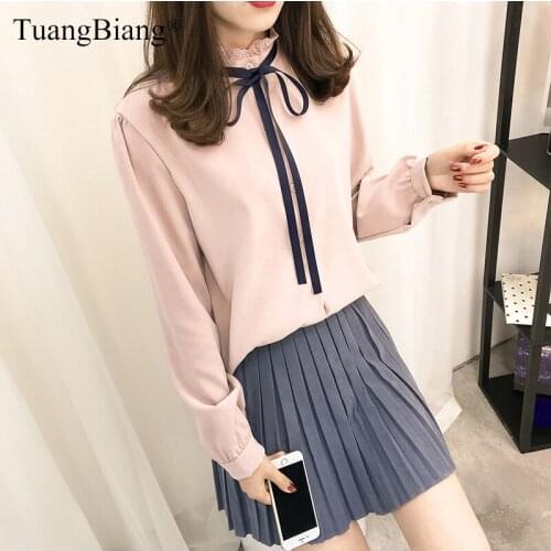 Women Corduroy Lace Spliced Autumn Winter Blouses Ladies Long Sleeve Casual Pink Shirts 2019 Elegant Lady Bow Lace Up Soft Tops