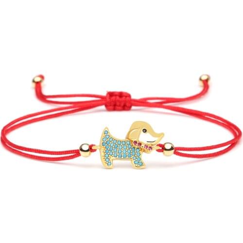 Blue Cubic Zirconia Cute Copper Dog Charm Bracelet Women 2020 New Chic Fashion Adjustable Red Black String Knot Jewelry Present