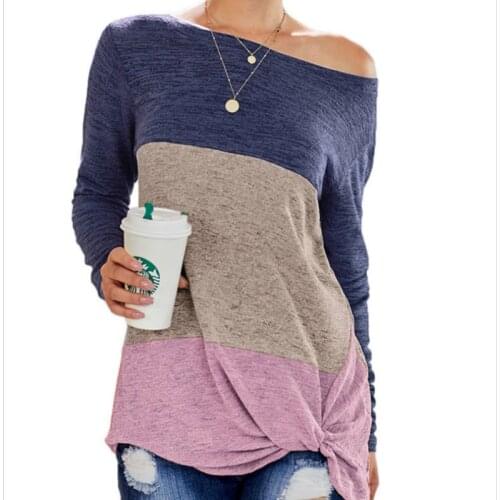 2019 autumn new long-sleeved loose casual pullover top female hit color wild large size womens color matching twisted T-shirt