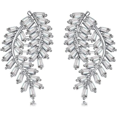 AAA Cubic Zirconia Leaf Earrings for Female Shining Crystal Stud Earring 925 Silver Pin Women Luxury Wedding Bridal Jewelry