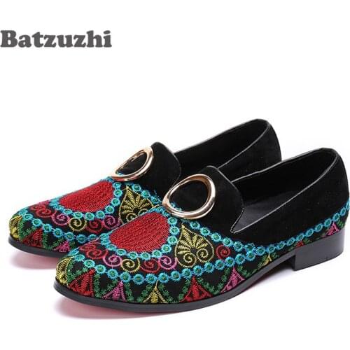 Batzuzhi Designers Fashion Men Shoes Round Toe Casual Loafers Black Suede with embroidery Flats zapatos de hombre mocassin homm