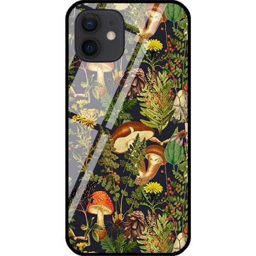 Mushroom woodland scene fungi shrooms Tempered Glass Case For iPhone 11 Pro Max XS 12 mini SE 7 8 Plus X XR Shell Cover Coque