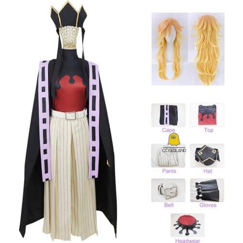 8 PCS Douma Cosplay Costume Demon Slayer Kimetsu no Yaiba Demon Moons Uniform Black Purple Kimono Suit Halloween Long Blonde Wig