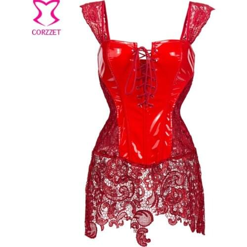 Red Lace&PVC Corset Dress Plus Size Corsets And Bustiers Sexy Gothic Clothing Burlesque Costume Women Espartilhos E Corpetes