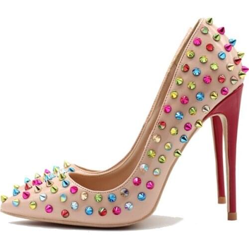 Colourful Rivet Shoes Women Patent leather Pointed Toe 12cm High Heels Sexy Women Pumps 10cm Stilettos MD001 CHENSIR9