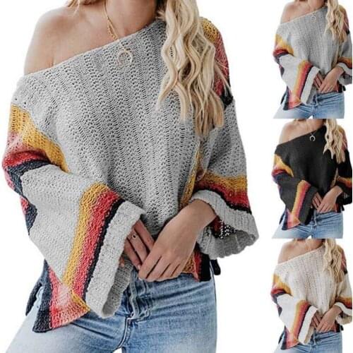 Long Sleeve Crop Top Casual Womens Knitwear Slash-neck Off-shoulder Flared Sleeve Sweater Halloween Sweater Women