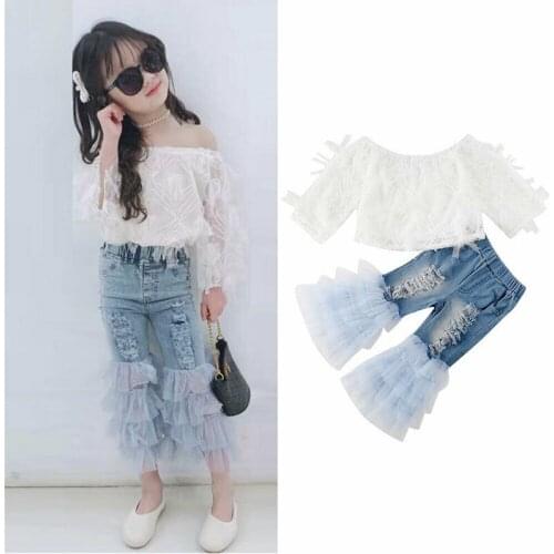 PUDCOCO Lovely Toddler Baby Kid Girl Summer Clothes Off Shoulder Lace Tops + Ruffle Hole Denim Pants Outfits Set 1-6Y