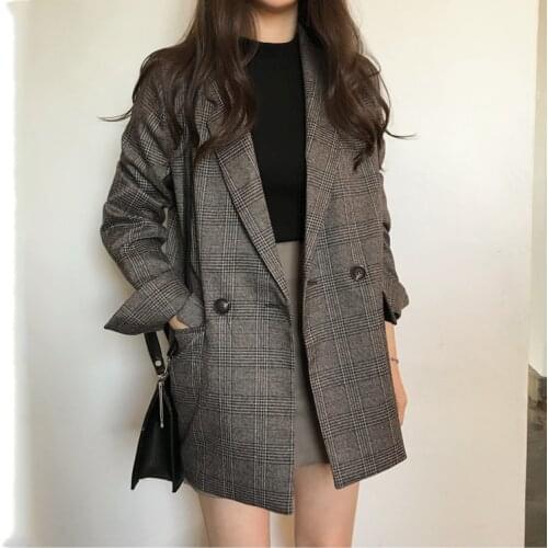 Womens Blazer Suits check Long Sleeve Cotton jacket vintage Coat Plaid blazer Jacket Notched solid Elegant Women Tops 99i