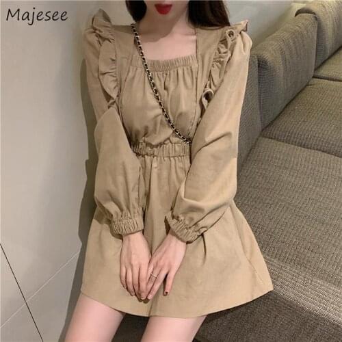 Dress Womens Long Sleeve Elegant Korean Style Mini Dresses Solid Streetwear Square Collar Temperament Trendy Fashion Female Hot