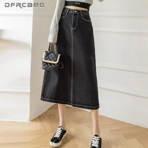 Black Adjustable Waist Denim Straight Skirts Women 2021 High Waist Streetwear Retro Open Split Jeans Skirt Long Female
