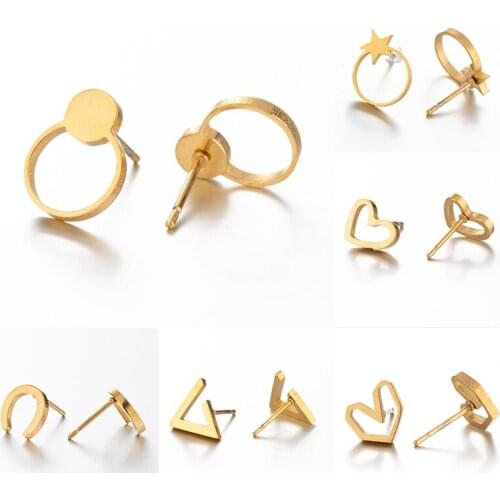 New Simple Elegant Geometry Stud Ear Trendy Black Gold Color Round Heart Star Triangle U Shape Earrings for Women Men Jewelry