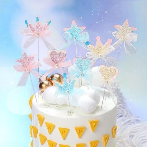 2pcs Wedding Cupcake Topper Pink Glitter Crown Pearl Heart Cake Topper Flags For Wedding Girls Birthday Party Cake Decorations
