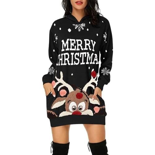Women Christmas Long Sleeve Hoodies Dress Reindeer Print Loose Tunic Sweatshirt MXMA