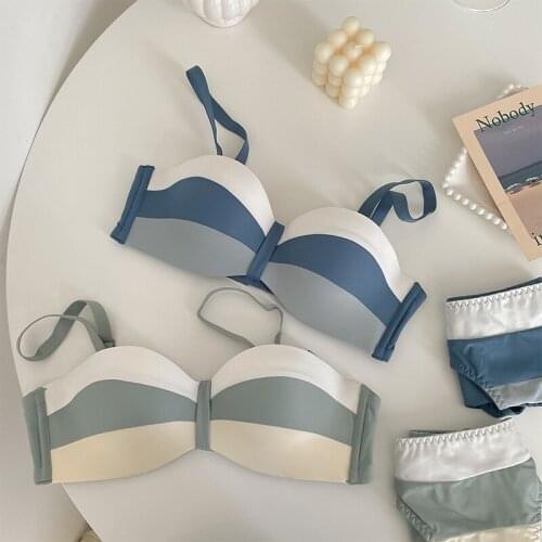 Girls no steel ring small chest gathered underwear female no trace no strap lingerie non-slip upper support bra underwear set