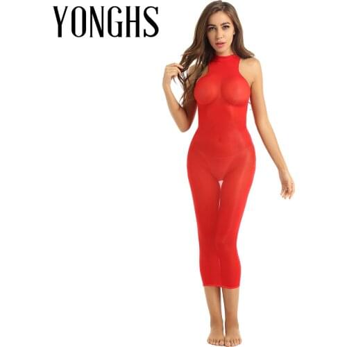 Womens Lingerie Hot Mni Bodycon Stocking Dress Ultra-thin Silky See Through Sheer Round Neck Sleeveless Stretchy Sexy Nightwear