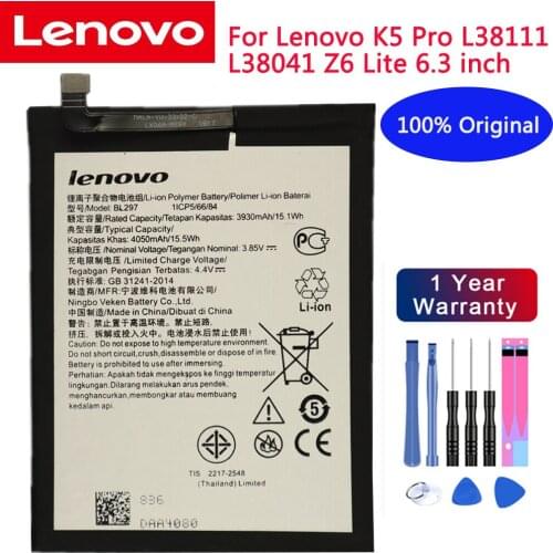 100% Original High Quality 4050mAh BL297 battery for Lenovo K5 Pro L38111 L38041 Z6 Lite 6.3 inch Cell Phone batteries +Tools