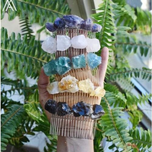 5PCS Gold Silvery Wire Wrapped Citrines Quartz Chunky Beads Hair Combs Tiara For Women Crystal Combs Hair Jewelry HG047AMAJ.E