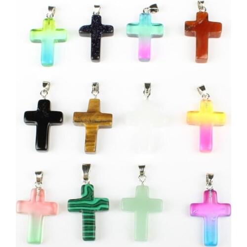 5pcs Natural Semi-precious Stone Bead 18x30x5mm Colorful Cross Jewelry Making Handemade DIY Necklace Alloy Pendant Accessories