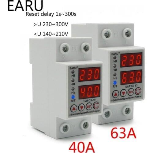 40A 63A 230V Din Rail Adjustable Over Voltage And Under Voltage Protective Device Protector Relay Over Current Protection Limit