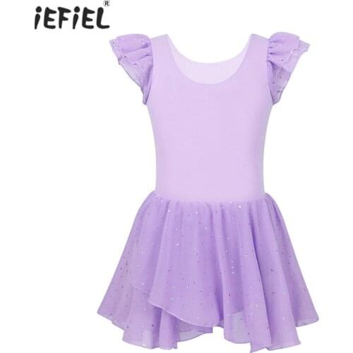 IEFiEL Kids Girls Ballerina Ballet Dress Ruffled Short Sleeves Glitter Ballet Costume Gymnastics Leotard Chiffon Dress Dancewear