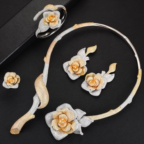 KellyBola Handmade 4PCS Dubai Bridal Wedding Flower Jewelry Sets For Women Luxury CZ Necklace/Bracelet/Earrings/Ring Jewelry