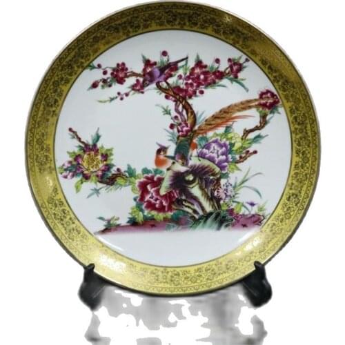 Chinese Old Porcelain Pink Flower And Bird Pattern Gold Edge Plate