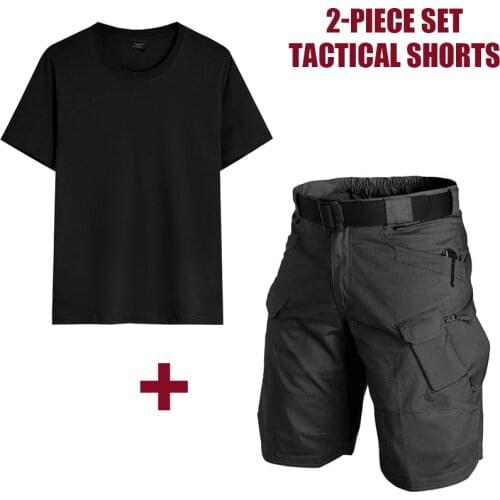 Summer Men Outdoor Suits T shirt + Shorts 2 Piece Set Classic Tactical Shorts Waterproof Camo Pants Multi-pocket Hunting Shorts