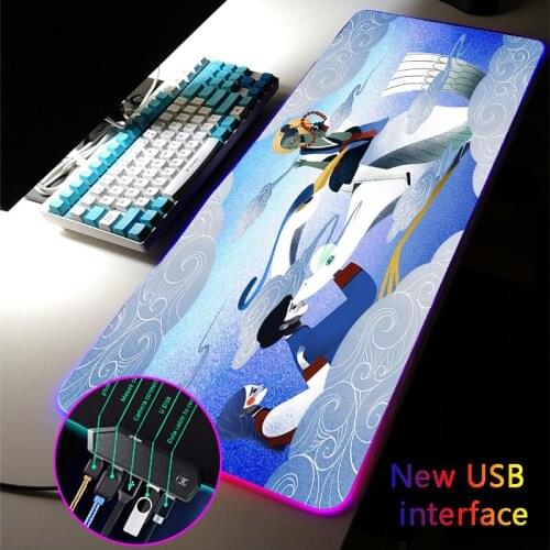 MRGLZY RGB Gaming Multi-interface Chinese Style Mouse Pad LED USB Hub Bule Mousepads XXL Large Games Computer Desk Mat for Csgo