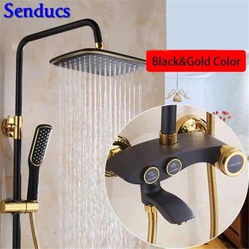 Senducs Black Gold Shower Set European Style Brass Bathroom Shower Faucet Hot Sale Polished Black Gold Shower Set