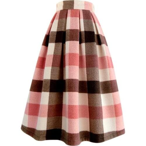 Autumn winter plaid woolen skirt women vintage high waist mid ball gown skirt plus size