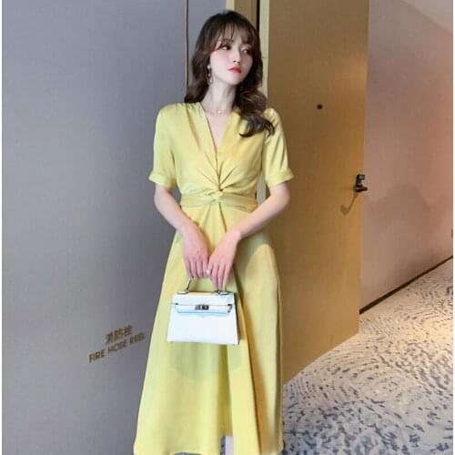 New arrival fashion party dress women elegant summer v-neck vintage puff sleeve temperament OL simple solid slim a-line dress