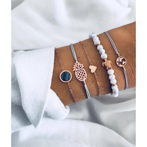 Braided Bracelet Style Pineapple Love Black Pearl Map Turtle Cyan Bead Set Bracelet Five-piece Set