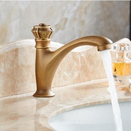 Basin Faucet Antique Brass Carved Bathroom Sink Faucets Single Handle Vintage Deck Mounted Single Cold Bathroom Mixer Water Tap