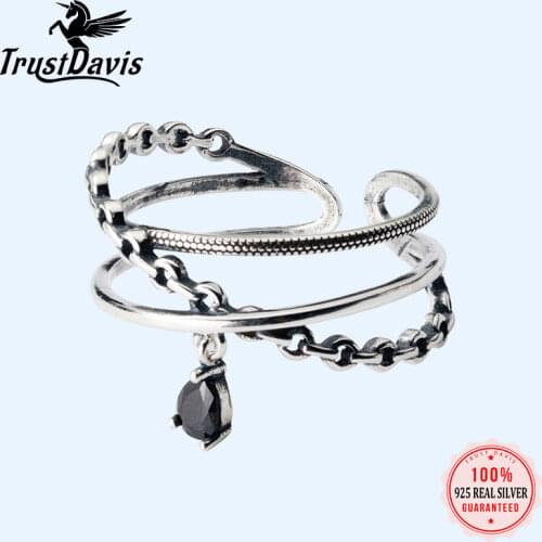 Trustdavis 100% 925 Solid Thai Silver Three Layers Black CZ Opening Rings Sizable Finger Jewelry Gift For Women Girls DA119