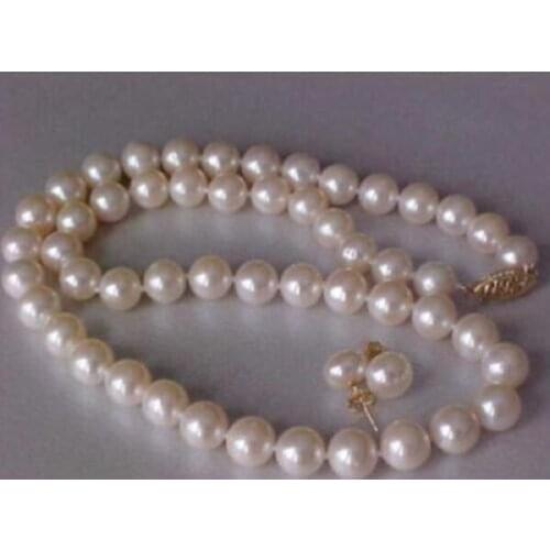 GORGEOUS WHITE NATURAL 9-10MM PEARL NECKLACE 7-8mm EARRING SET 14k Gold