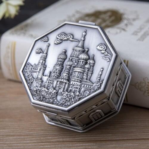 Small Size Vintage Metal Art Jewelry Organizer Hexagon Shaped Castle Decor Necklace Rings Case Gift Storage Box Russian Kremlin