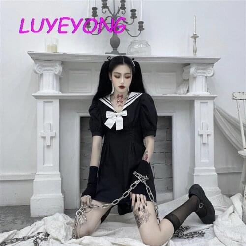 Lolita Dark Gothic Lady Black Mini Dress Harajuku Street Vestidos Sailor Collar Women High Waist White Bow Short Sleeve Dresses
