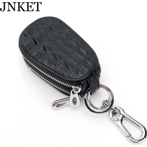 JNKET New Crocodile Pattern Keychain Bag Cow Leather Key Case Double Zipper Key Bag Hanging Key Holder