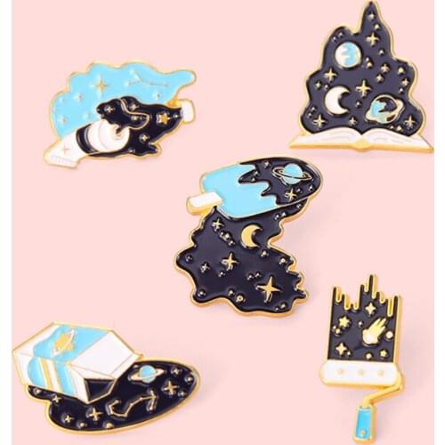 Dark Interstellar Galaxy Stars Moon Enamel Pins Wholesale Custom Universe Brooch Lapel Badge Cartoon Pin Gift for Kids Friends