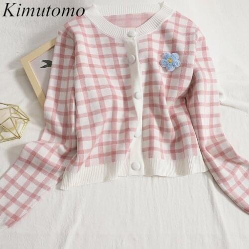 Kimutomo Sweet Plaid Cardigan Women Autumn Korea Fashion Clothing Ladies All Match Long Sleeve Sontrast Floral Breasted Sweater