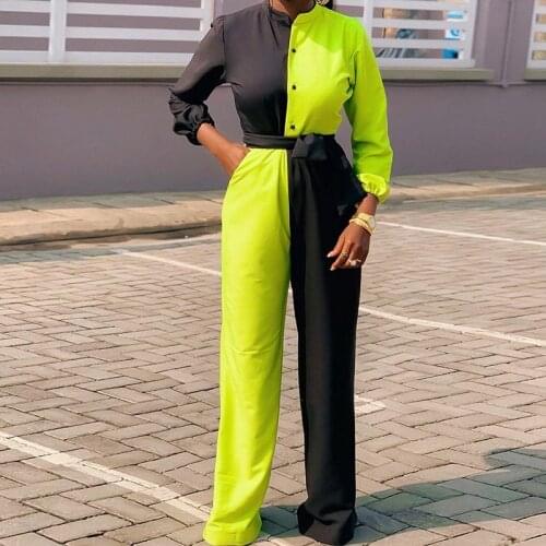 OMILKA Contrast Color Rompers and Jumpsuits 2020 Autumn Women Long Sleeve Front Button Elegant Club Party Office Lady Overalls