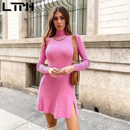 LTPH elegant Rose pink knitted dress ins streetwear vintage turtleneck long sleeve side slit slim short dresses 2021 autumn new