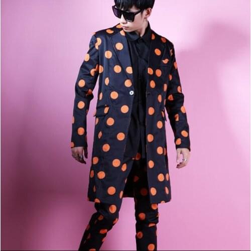 New Hot Nightclub male singer new personality Orange wave point Long suit Tide men slim suits Bar Hairdresser Dress jacket S-5XL