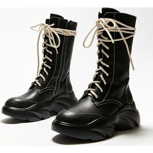 Brand New Ladies INS Hot Cross-tied Heels Platform Boots Genuine Leather Woman Shoes Fashion Female Motorcycles Boots