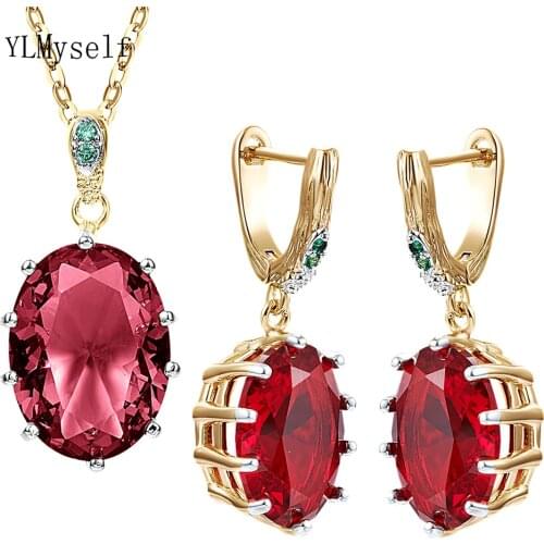 2PCS Sets Necklace/Earrings Pave Large Oval Red Zircon Gold/Silver Plating Trendy Charming Fashion Jewelry For Women