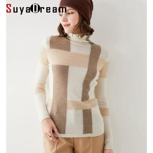 SuyaDream 2021 Winter 100%Wool Turtleneck Pullovers 2021 Fall Winter Plaid Sweaters for Woman Khaki White