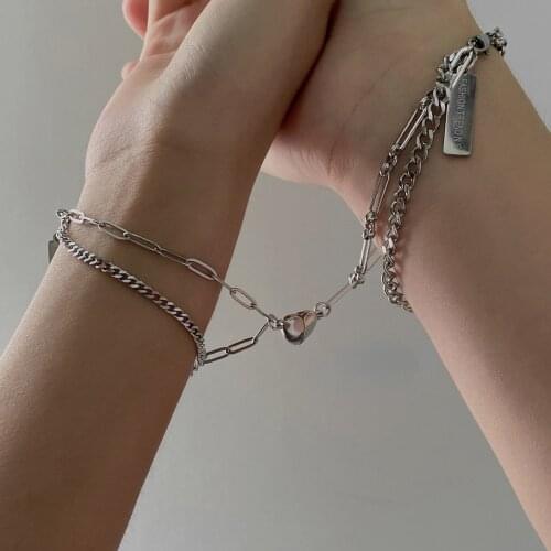 QiLuxy 2Pcs/set Multilayer Stainless Steel Chain Heart Magnet Charm Bracelets Fashion Couple Bracelets Friendship Gifts